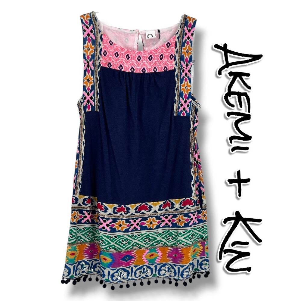 Anthro Akemi + Kin Tinamou Tunic Blouse XS Boho Embroidered Pom Trim Festival